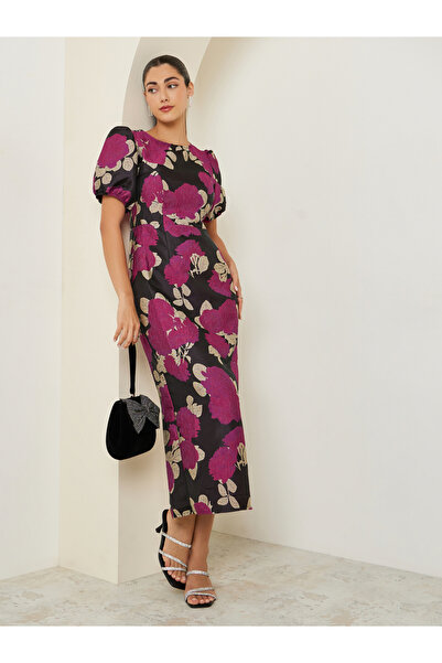 Styli Floral Print Puff Sleeves Sheath Maxi Dress