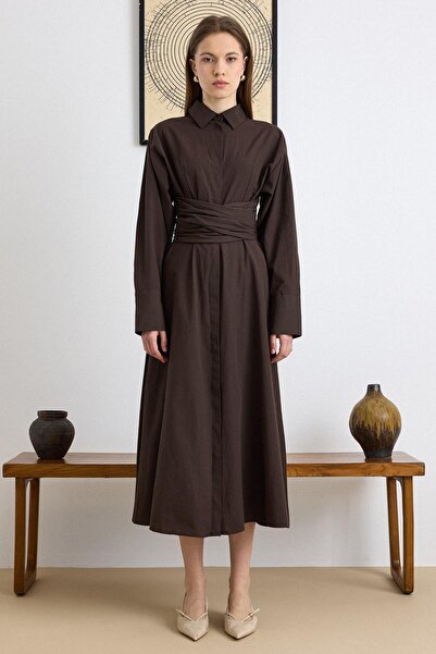 Olcay Button Closure Belt Detailed Flared Cotton Dress Brown 9419-E