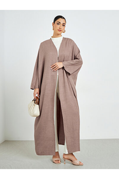 Amirah By Styli Brown Batwing Sleeve Open Front Abaya
