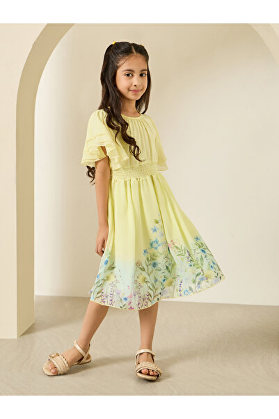 Styli Girls Yellow Floral Print A-Line Knee-Length Dress