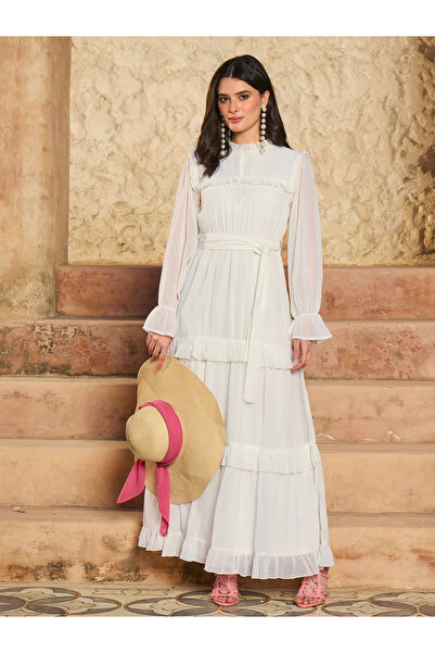 Sassafras By Styli White Ruffled Detail Waist-Tie Tiered Maxi Dress