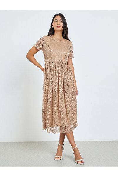 Styli Beige All-Lace A-Line Midi Dress