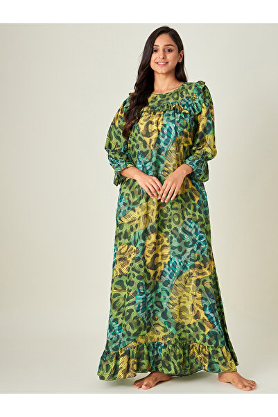 The Kaftan Company By Styli Green Animal Printed Frilled Nightdress