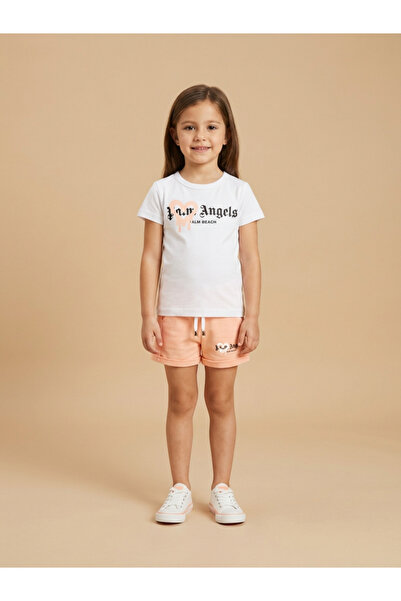 ALYAKİDS طقم تي شيرت وشورت بناتي مطبوع من Palm Angels - لون السلمون والأبيض