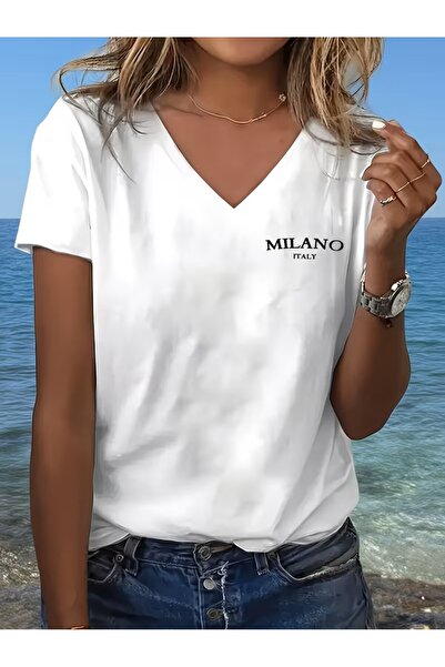 oneagılyazı Women's Relaxed V-Neck T-Shirt with "Milano Italy" Letter Print, ...