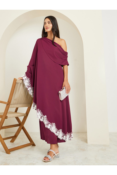 Styli Red Lace Trim One-Shoulder Shift Maxi Dress