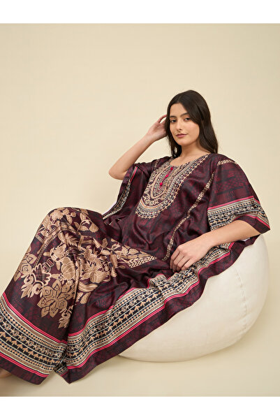 The Kaftan Company By Styli Brown Satin Printed Kaftan Nightdress