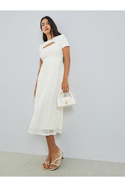 Styli White Lace Overlay Cut-Out Midi Dress