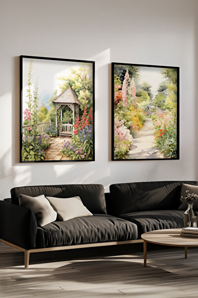 STARYUNA Black Wooden Framed Double Painting Set with Garden Path and Gazebo ...