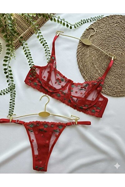 NOATEKS Kırmızı Kiraz Desenli Balenli Tül Bralet Takım