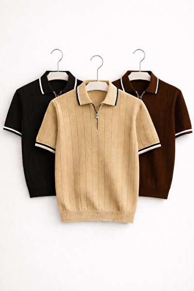 OTAKU Men's Ribbed Knitwear Polo Collar Half Zipper Comfortable Fit T-Shirt