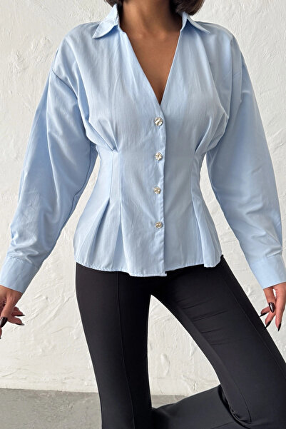 Lusin Women's Blue Buttoned V-Neck Shirt with Pleated Waist and Pencil Detail