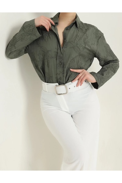 diğer588 Haki Yeni Sezon Nakış İşlemeli Kadın Gömlek