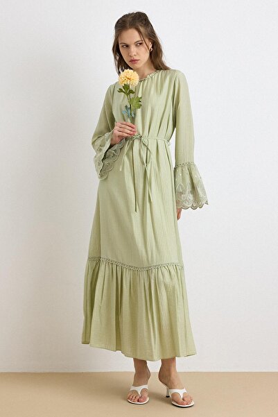 Olcay Fisto Detailed Lace-Up Sleeves Dress Çağla 9429-E