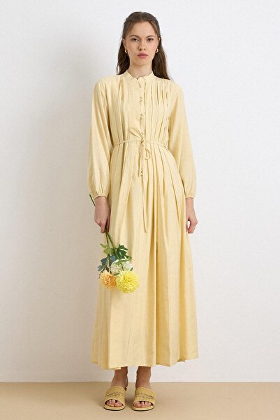 Olcay Button Closure Pleated Detailed Flared Dress Yellow 9430-E