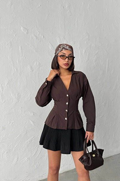 Lusin Women's Bitter Brown Waist-Slit Shirt with Pleated Detail and Stylish B...
