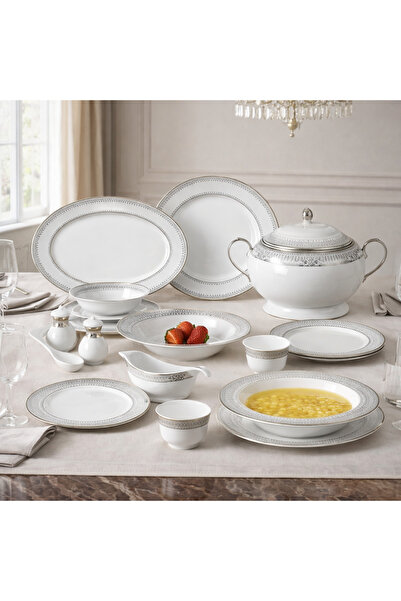Royal Kitchen طقم سفرة بورسلان فاخر مع حواف فضية – تصميم عصري وكلاسيكي للأناق...