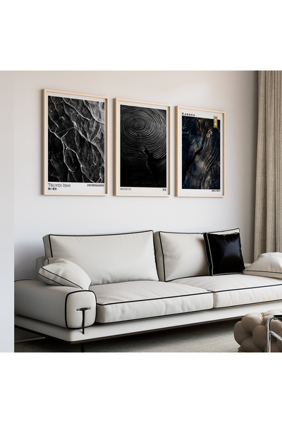 Artiera Σετ ζωγραφικής 3 τεμαχίων με μαύρο θέμα Japandi Art με ξύλινο πλαίσιο