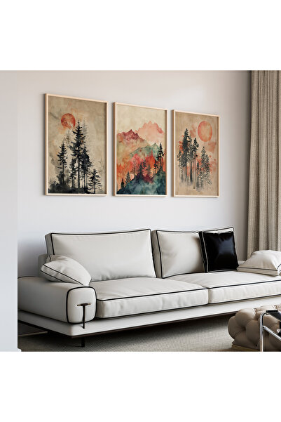 Artiera Σετ ζωγραφικής 3 τεμαχίων Red Sun Forest Vintage Japandi Art με ξύλιν...