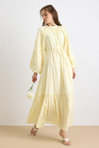 Olcay Scalloped Detailed Balloon Sleeve Cotton Dress Yellow 9427-E