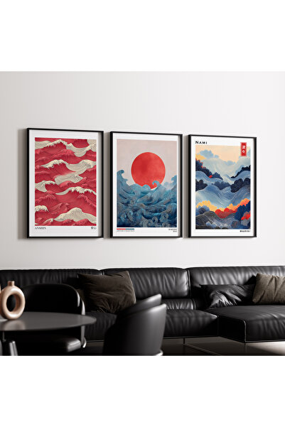 Artiera Σετ ζωγραφικής 3 τεμαχίων Red Sun Waves Japandi Art με ξύλινο πλαίσιο