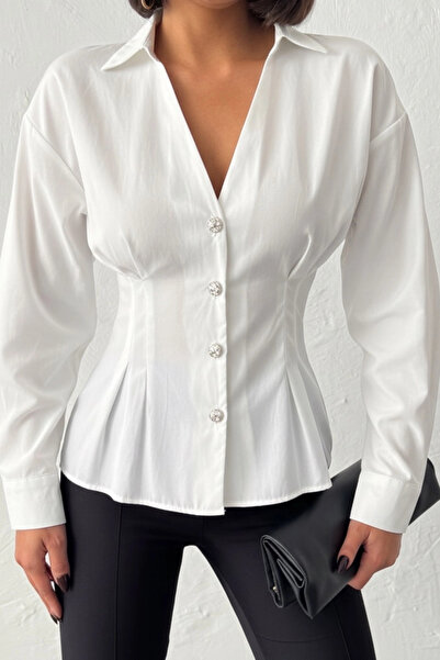 Lusin Women's White Waist-Slit Shirt with Pleated Waist and Stylish Buttoned ...