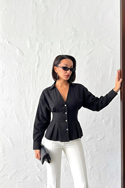 Lusin Women's Black Buttoned V-Neck Shirt with Pleated Waist and Pencil Detail