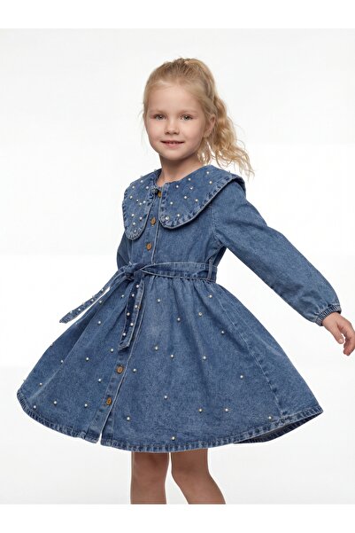 DUDOR KİDS Girls' Pearl Blue Denim Dress/Jeans Dress - Holiday Collection