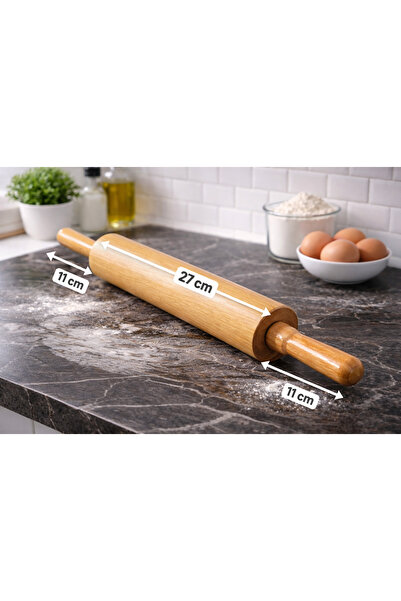 Alvin 50 cm Döner Başlıklı Ahşap Merdane – 27 cm Orta Silindir, 11 cm Saplı H...