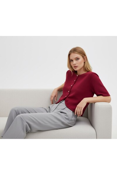 Noi Belis Crop Boy Crew Neck Button Detailed Short Sleeve Knitwear Cardigan S...