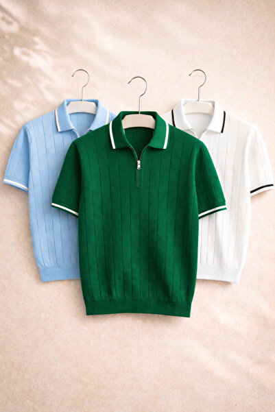 OTAKU Men's Ribbed Knitwear Polo Collar Half Zipper Comfortable Fit T-Shirt