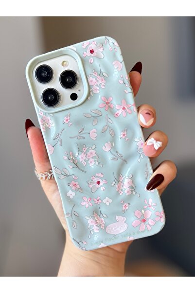 MİRAZ TASARIM حافظة آيفون 16 برو ماكس بنمط زهور باللون الأزرق اللامع