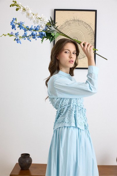Olcay Exclusive Shirt Skirt Set with Three-Dimensional Appliques Blue 9438-Tk