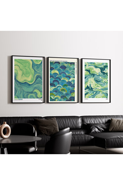 Artiera Σετ ζωγραφικής 3 τεμαχίων Green Waves Japandi Art με ξύλινο πλαίσιο