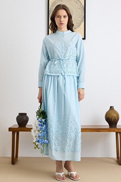 Olcay Exclusive Shirt Skirt Set with Three-Dimensional Appliques Blue 9438-Tk
