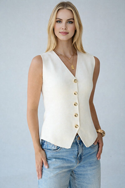 LOOSH Kadın Ekru V Yaka Gold Düğmeli Yelek