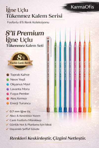 KarmaOfis 8’li İğne Uçlu Tükenmez Kalem Seti 0.7 mm – Fosforlu Renkli, Akıcı ...