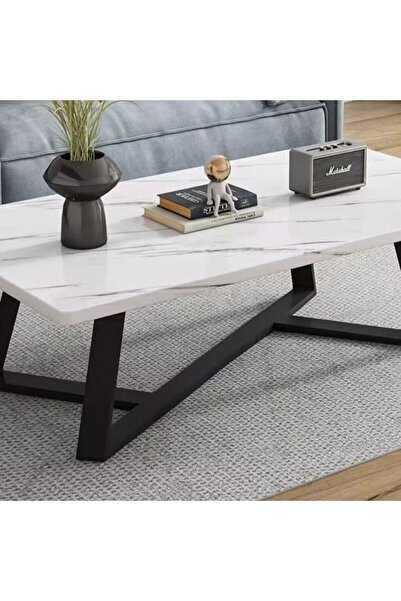 Mumtaz 120x60x46cm Black and White High-End Marble Coffee Table, Black Legs, ...