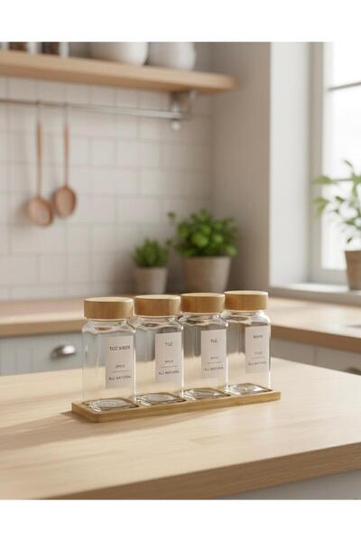 Kayaer Home Bambu kapaklı standlı 4 lü baharatlık