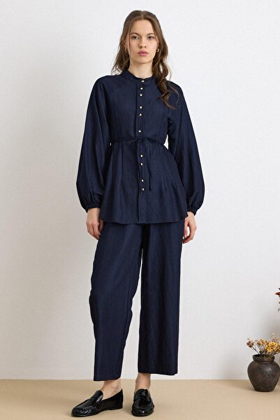 Olcay Metal Buttoned Soft Denim Tunic Trousers Set Dark Blue 9426-Tk