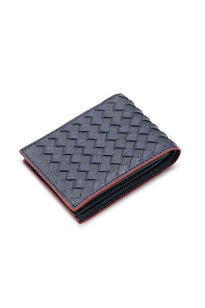 GUARD Navy Blue Genuine Leather Knitted Patterned Red Men's Wallet