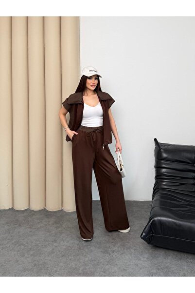 Captival طقم نسائي بني مكون من قطعتين - بنطلون واسع الساق برباط وسترة بسحاب