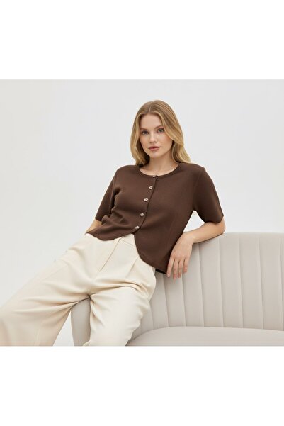 Noi Belis Crop Boy Crew Neck Button Detailed Short Sleeve Knitwear Cardigan S...