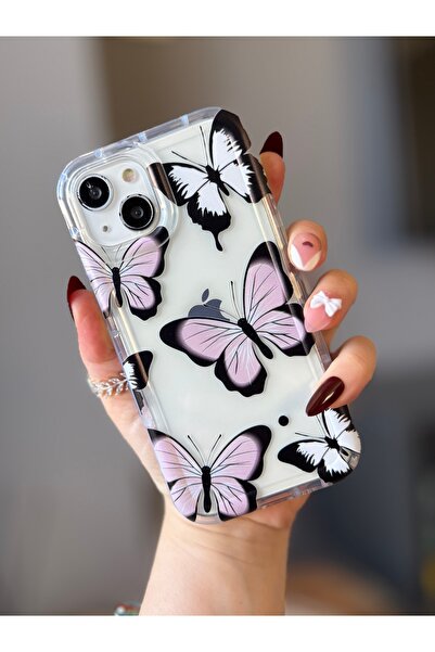 MİRAZ TASARIM iPhone 13/14/15 Compatible Butterfly Patterned Transparent Case