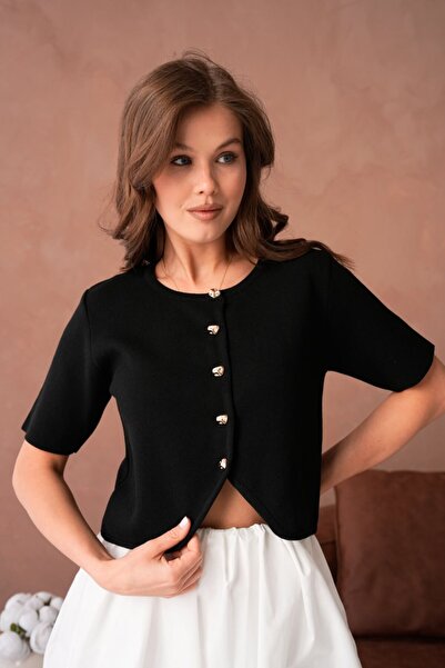 Noi Belis Crop Boy Crew Neck Button Detailed Short Sleeve Knitwear Cardigan S...