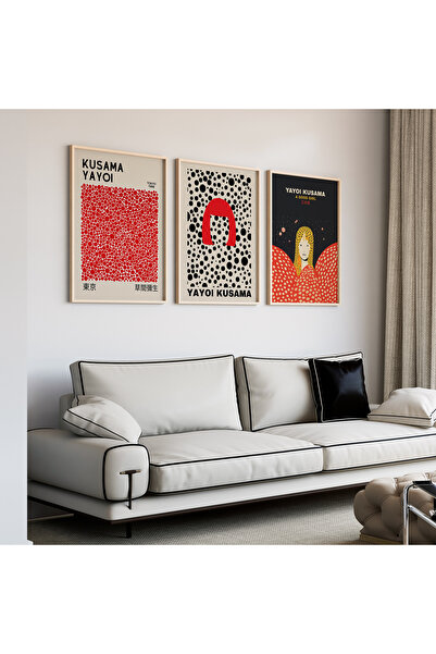 Artiera Σετ ζωγραφικής 3 τεμαχίων Kusama Red Minimal Japandi Art με ξύλινο πλ...