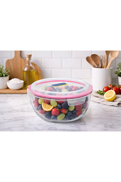 Glasslock Pink Round Glass Storage Container with Lockable Lid 2000 ml 1 Piece