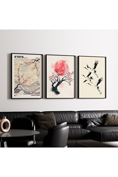 Artiera Σετ ζωγραφικής 3 τεμαχίων Minimal Red Sun Sakura Japandi Art με ξύλιν...