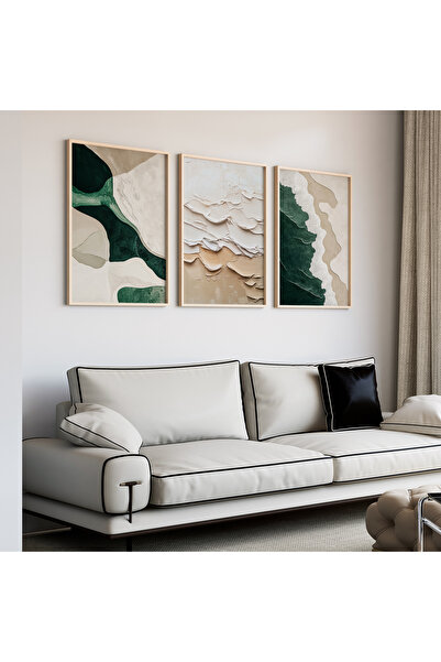 Artiera 3 Parça Bej Yağlı Boya Sahil Japandi Sanatı Ahşap Çerçeveli Tablo Seti