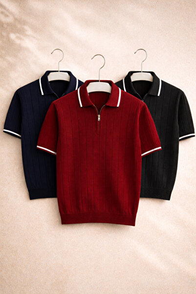 OTAKU Men's Ribbed Knitwear Polo Collar Half Zipper Comfortable Fit T-Shirt
